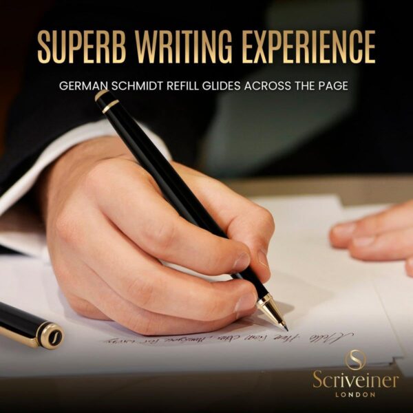 Scriveiner Black Lacquer Rollerball Pen - Stunning Luxury Pen, Real Gold Plating, Schmidt Ink Refill, Best Roller Ball Gift Set for Men & Women, Professional, Executive Office, Nice Pens