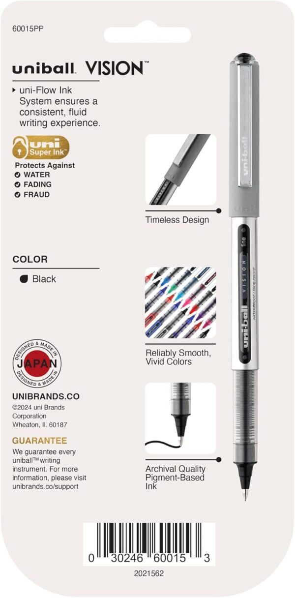 uni-ball Vision Stick Roller Ball Pens, Fine Point, Black Ink, Pack of 4