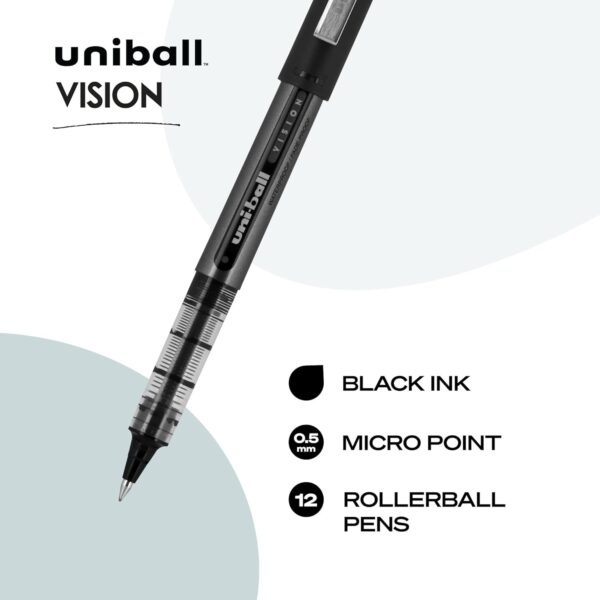 Uniball Vision Rollerball Pen - 12 Pack, Black Pens, 0.5mm Micro Tip Size - Smooth Writing Japanese Pens, School Supplies