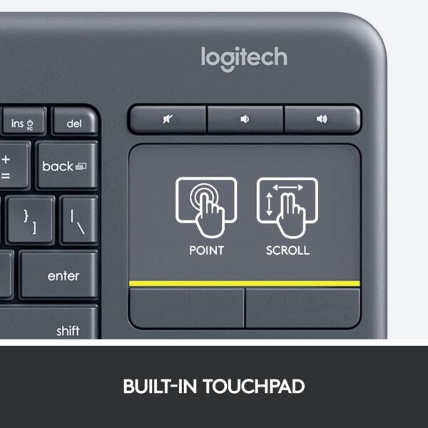 61SgWTYhC9L._AC_SL1500_.jpg Logitech K400 Plus Wireless Touch TV Keyboard With Easy Media Control and Built-in Touchpad, HTPC Keyboard for PC-connected TV, Windows, Android, ChromeOS, Laptop, Tablet - Black