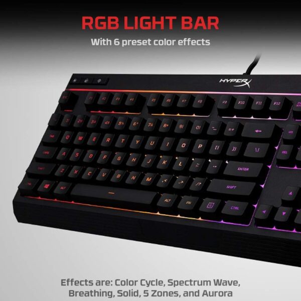 HyperX Alloy Core RGB – Membrane Gaming Keyboard, Comfortable Quiet Silent Keys with RGB LED Lighting Effects, Spill Resistant, Dedicated Media Keys, Compatible with Windows 10/8.1/8/7 – Black