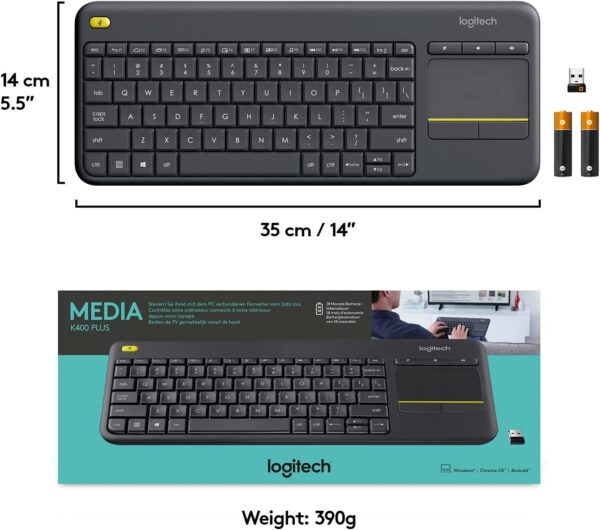 61cKwRmcglL._AC_SL1500_.jpg Logitech K400 Plus Wireless Touch TV Keyboard With Easy Media Control and Built-in Touchpad, HTPC Keyboard for PC-connected TV, Windows, Android, ChromeOS, Laptop, Tablet - Black