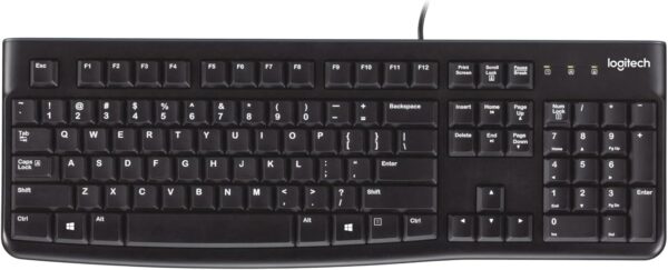 Logitech K120 Wired Keyboard for Windows, Plug and Play, Full-Size, Logitech K120 Wired Keyboard for Windows, Plug and Play, Full-Size, Spill-Resistant, Curved Space Bar, Compatible with PC, Laptop - Black