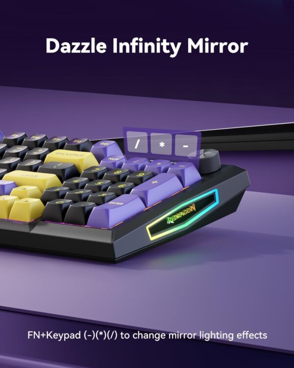 61m76LGAsuL._AC_SL1500_.jpg Redragon K725LBY Wireless Mechanical Keyboard with Screen and Knob, Tri-Mode BT5.0/2.4G/USB-C Gasket Computer Gaming Keyboard, 95 Keys Hot Swappable, RGB Backlit, Infinite Mirrors for PC/Mac, Purple