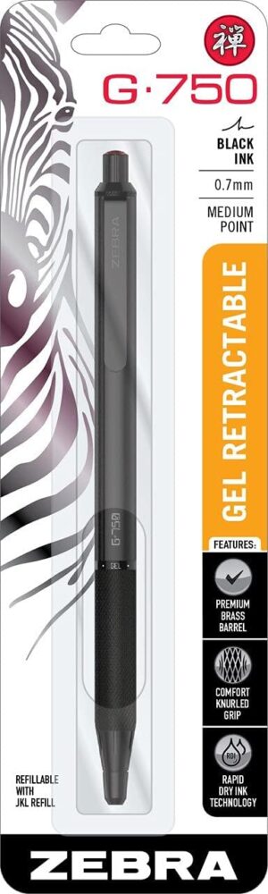 Zebra Pen G-750 Retractable Gel Pen 1-Pack, Black Ink, 0.7mm Medium Point, Black Brass Barrel, Textured Grip, Secure Metal Clip, Ideal for Office Supplies and Teacher Gifts, Refillable (49811)