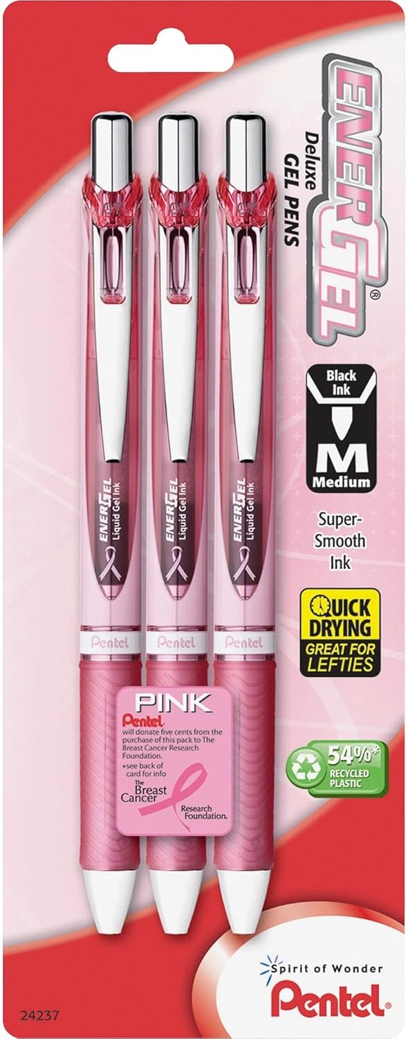 Pentel Pink BCA EnerGel Retractable Liquid Gel Pen, (0.7mm), Medium Line, Metal Tip, Pink Barrel, Black Ink, Pack of 3 (BL77PBP3A-BC)