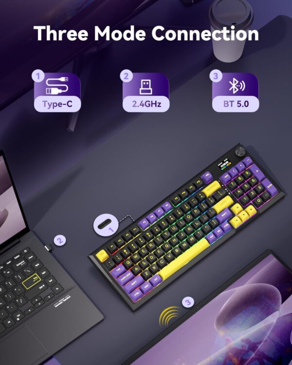 712Psp8yP7L._AC_SL1500_.jpg Redragon K725LBY Wireless Mechanical Keyboard with Screen and Knob, Tri-Mode BT5.0/2.4G/USB-C Gasket Computer Gaming Keyboard, 95 Keys Hot Swappable, RGB Backlit, Infinite Mirrors for PC/Mac, Purple