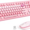 Wireless Keyboard and Mouse Combo, MOWUX Full Size Typewriter Retro Round Computer Keyboard, Cute Optical Mouse Wireless, Plug and Play, for Laptop, PC, Computer- Pink Heart