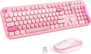 Wireless Keyboard and Mouse Combo, MOWUX Full Size Typewriter Retro Wireless Keyboard and Mouse Combo, MOWUX Full Size Typewriter Retro Round Computer Keyboard, Cute Optical Mouse Wireless, Plug and Play, for Laptop, PC, Computer- Pink Heart