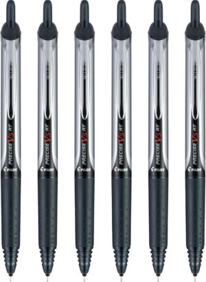Pilot Precise V5 RT Refillable & Retractable Rollerball Pens, Extra Fine Point Pens 0.5 mm, Black, Pack of 6 - Ideal for School, Journaling & Office Writing