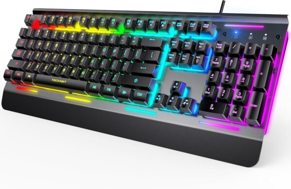 TECKNET Gaming Keyboard, USB Wired Computer Keyboard, 15-Zone RGB Illumination, TECKNET Gaming Keyboard, USB Wired Computer Keyboard, 15-Zone RGB Illumination, IP32 Water Resistance, 25 Anti-ghosting Keys, All-Metal Panel (Whisper Quiet Gaming Switch)