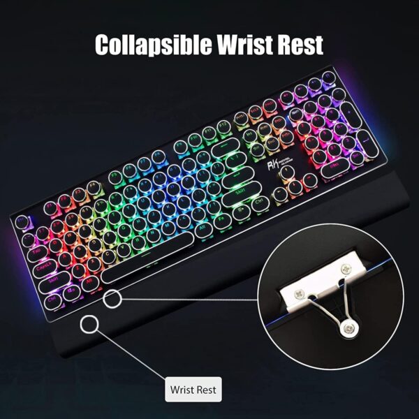 719pOUtniL._AC_SL1500_.jpg RK ROYAL KLUDGE S108 Typewriter Keyboard, Retro Mechanical Gaming Keyboard Wired 108 Keys with RGB Backlit Sidelight, Detachable Wrist Rest, Round Keycaps Blue Switches - Black