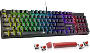 Redragon Mechanical Gaming Keyboard Wired, 11 Programmable Backlit Modes, Hot-Swappable Red Switch, Anti-Ghosting, Double-Shot PBT Keycaps, Light Up Keyboard for PC Mac