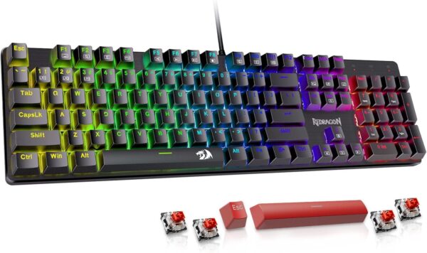 Redragon Mechanical Gaming Keyboard Wired, 11 Programmable Backlit Modes, Hot-Swappable Red Switch, Anti-Ghosting, Double-Shot PBT Keycaps, Light Up Keyboard for PC Mac