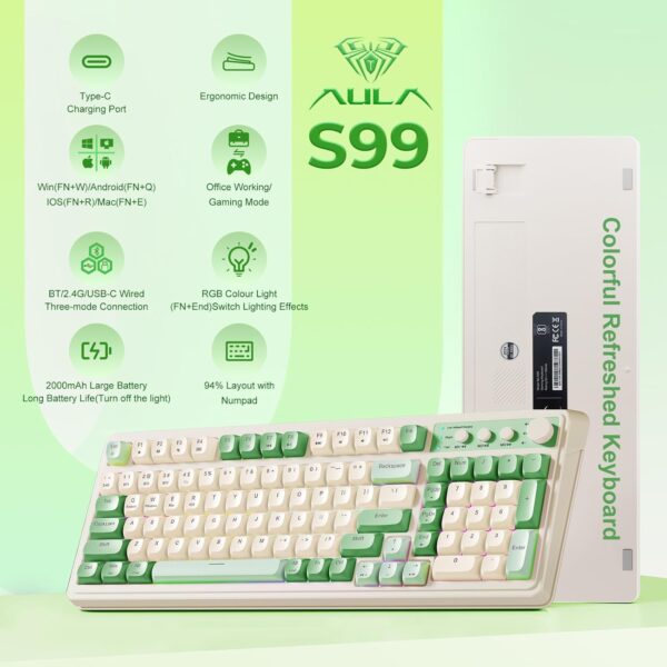 71DhspyBCL._AC_SL1500_.jpg AULA S99 Gaming Keyboard, Wireless Computer Keyboards, Tri-Mode Bluetooth/2.4GHz/USB-C Custom Creamy Keyboard with Number Pad, RGB Backlit Media Knob Cute Programmable Keyboard for PC Gamer - Green