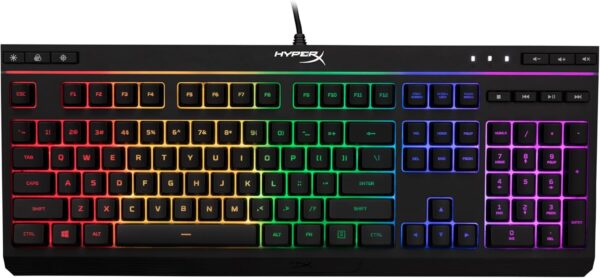 HyperX Alloy Core RGB – Membrane Gaming Keyboard, Comfortable Quiet Silent Keys with RGB LED Lighting Effects, Spill Resistant, Dedicated Media Keys, Compatible with Windows 10/8.1/8/7 – Black