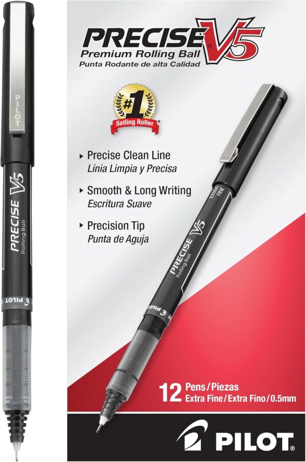 Pilot Precise V5 Rollerball Pens, Extra Fine Point 0.5 mm Black Pens, Black, Pack of 12 - Ideal for School, Journaling & Office Writing