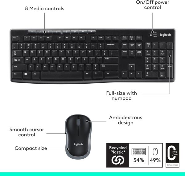 71Hsb1pvyzL._AC_SL1500_.jpg Logitech MK270 Wireless Keyboard and Mouse Combo for Windows, 2.4 GHz, 8 Multimedia Keys, PC, Laptop, Wireless Keyboard Compact Mouse Combo - Black
