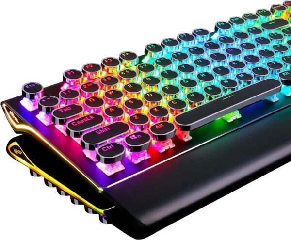 RK ROYAL KLUDGE S108 Typewriter Keyboard, Retro Mechanical Gaming Keyboard RK ROYAL KLUDGE S108 Typewriter Keyboard, Retro Mechanical Gaming Keyboard Wired 108 Keys with RGB Backlit Sidelight, Detachable Wrist Rest, Round Keycaps Blue Switches - Black