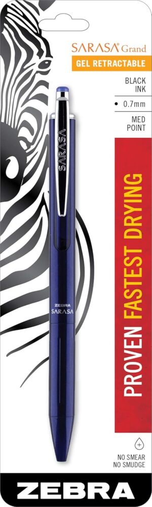 Zebra Pen Sarasa Grand, Retractable Gel Ink Pen, Navy Barrel, Medium Point, 0.7mm, Black Ink, 1-Pack (45211)