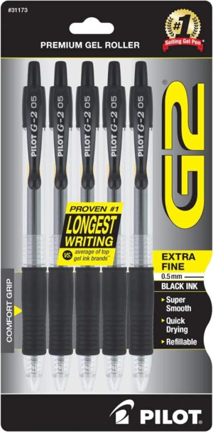 Pilot G2 Premium Gel Roller Pens, Extra Fine Point 0.5 mm, Gel Pens Black, Pack of 5 - Ideal for School, Journaling & Office Writing