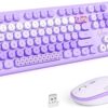 Wireless Keyboard and Mouse Combo, MOWUX Full Size Typewriter Retro Round Computer Keyboard, Cute Optical Mouse Wireless, Plug and Play, for Laptop, PC, Computer- Purple Heart