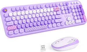 Wireless Keyboard and Mouse Combo, MOWUX Full Size Typewriter Retro Wireless Keyboard and Mouse Combo, MOWUX Full Size Typewriter Retro Round Computer Keyboard, Cute Optical Mouse Wireless, Plug and Play, for Laptop, PC, Computer- Purple Heart