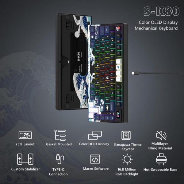 Womier S-K80 75% Keyboard with Color Multimedia Display Mechanical Gaming Keyboard Creamy Sound, Wired Hot Swappable Gasket Mount RGB Custom Key board, Pre-lubed Stabilizer for Mac/Win, Black Kanagawa