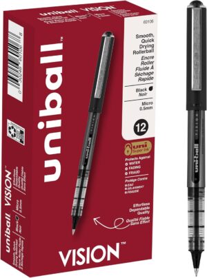 Uniball Vision Rollerball Pen - 12 Pack, Black Pens, 0.5mm Micro Tip Size - Smooth Writing Japanese Pens, School Supplies