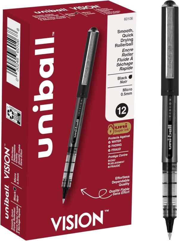 Uniball Vision Rollerball Pen - 12 Pack, Black Pens, 0.5mm Micro Tip Size - Smooth Writing Japanese Pens, School Supplies