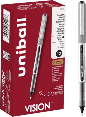 uni-ball(R) Vision(TM) Rollerball Pens, 0.7 mm, Fine Point, Gray Barrel, Black Ink, Pack Of 12, 60126