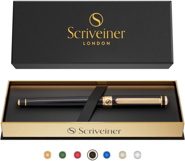 Scriveiner Black Lacquer Rollerball Pen - Stunning Luxury Pen, Real Scriveiner Black Lacquer Rollerball Pen - Stunning Luxury Pen, Real Gold Plating, Schmidt Ink Refill, Best Roller Ball Gift Set for Men & Women, Professional, Executive Office, Nice Pens