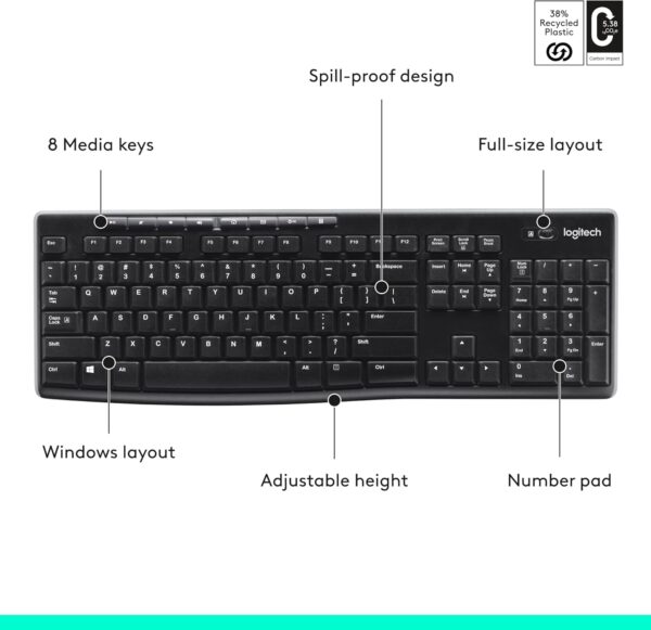 71YQNp0aReL._AC_SL1500_.jpg Logitech K270 Wireless Keyboard for Windows, 2.4 GHz Wireless, Full-Size, Number Pad, 8 Multimedia Keys, 2-Year Battery Life, Compatible with PC, Laptop, Black