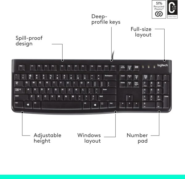 71ZW22GAYxL._AC_SL1500_.jpg Logitech K120 Wired Keyboard for Windows, Plug and Play, Full-Size, Spill-Resistant, Curved Space Bar, Compatible with PC, Laptop - Black
