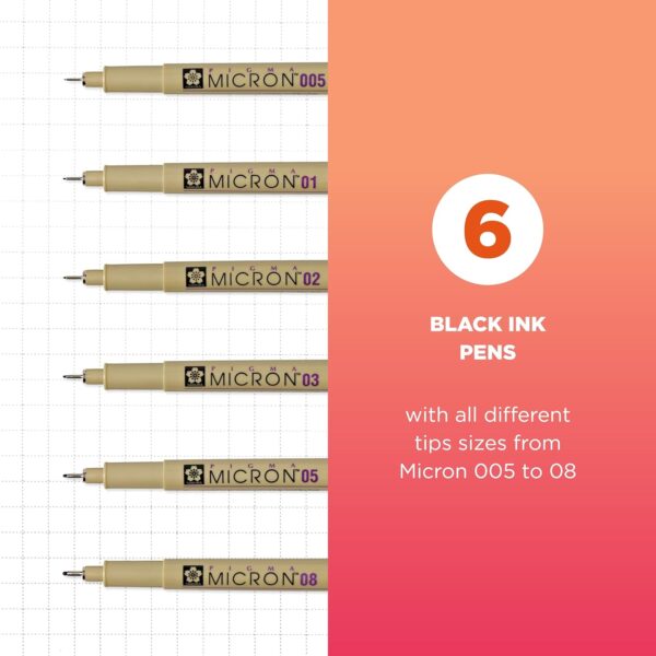71cAJBzSjZL._AC_SL1500_.jpg SAKURA Pigma Micron Fineliner Pens - Archival Black Ink Pens - Pens for Writing, Drawing, or Journaling - Assorted Point Sizes - 6 Pack