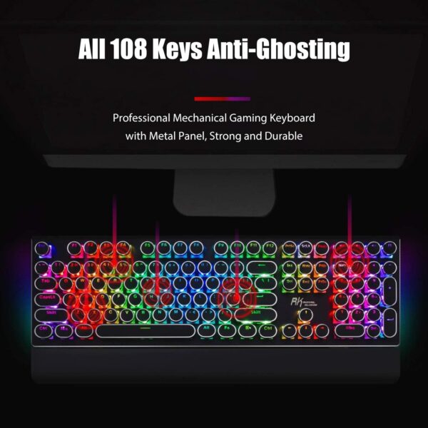 71eWt-oiMsL._AC_SL1500_.jpg RK ROYAL KLUDGE S108 Typewriter Keyboard, Retro Mechanical Gaming Keyboard Wired 108 Keys with RGB Backlit Sidelight, Detachable Wrist Rest, Round Keycaps Blue Switches - Black