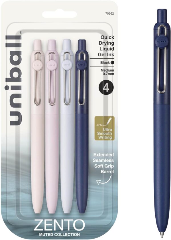 uni-ball Zento Gel Ink Rollerball Pens, 4 Black Medium Point Smooth Writing Pens, Colored Japanese Pens, Muted Colors