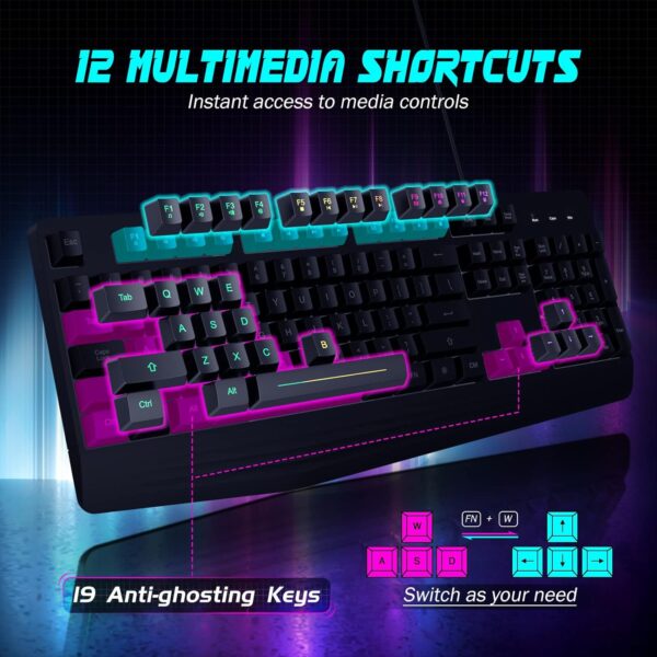 71gQFL0lNaL._AC_SL1500_.jpg Gaming Keyboard, 7-Color Rainbow LED Backlit, 104 Keys Quiet Light Up Keyboard, Wrist Rest, Whisper Silent, Anti-ghosting Multimedia Keys, Waterproof USB Wired Keyboard for PC Mac Xbox