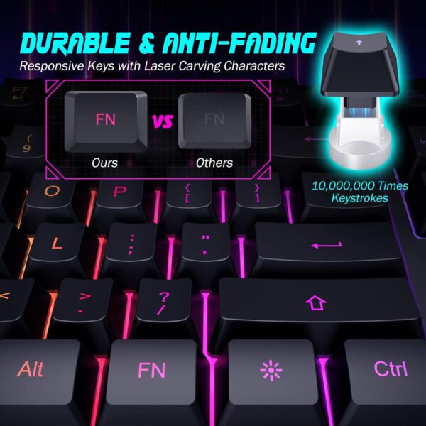 71iI4TTDwvL._AC_SL1500_.jpg Gaming Keyboard, 7-Color Rainbow LED Backlit, 104 Keys Quiet Light Up Keyboard, Wrist Rest, Whisper Silent, Anti-ghosting Multimedia Keys, Waterproof USB Wired Keyboard for PC Mac Xbox