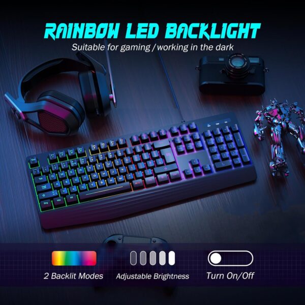 71pMXaHHcL._AC_SL1500_.jpg Gaming Keyboard, 7-Color Rainbow LED Backlit, 104 Keys Quiet Light Up Keyboard, Wrist Rest, Whisper Silent, Anti-ghosting Multimedia Keys, Waterproof USB Wired Keyboard for PC Mac Xbox