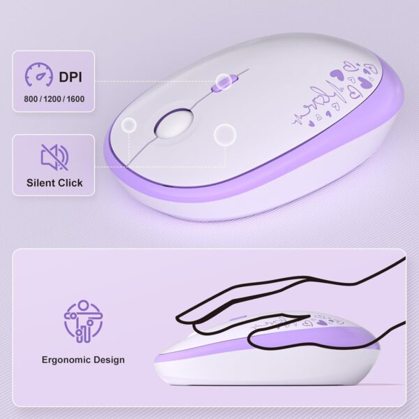 Wireless Keyboard and Mouse Combo, MOWUX Full Size Typewriter Retro Round Computer Keyboard, Cute Optical Mouse Wireless, Plug and Play, for Laptop, PC, Computer- Purple Heart