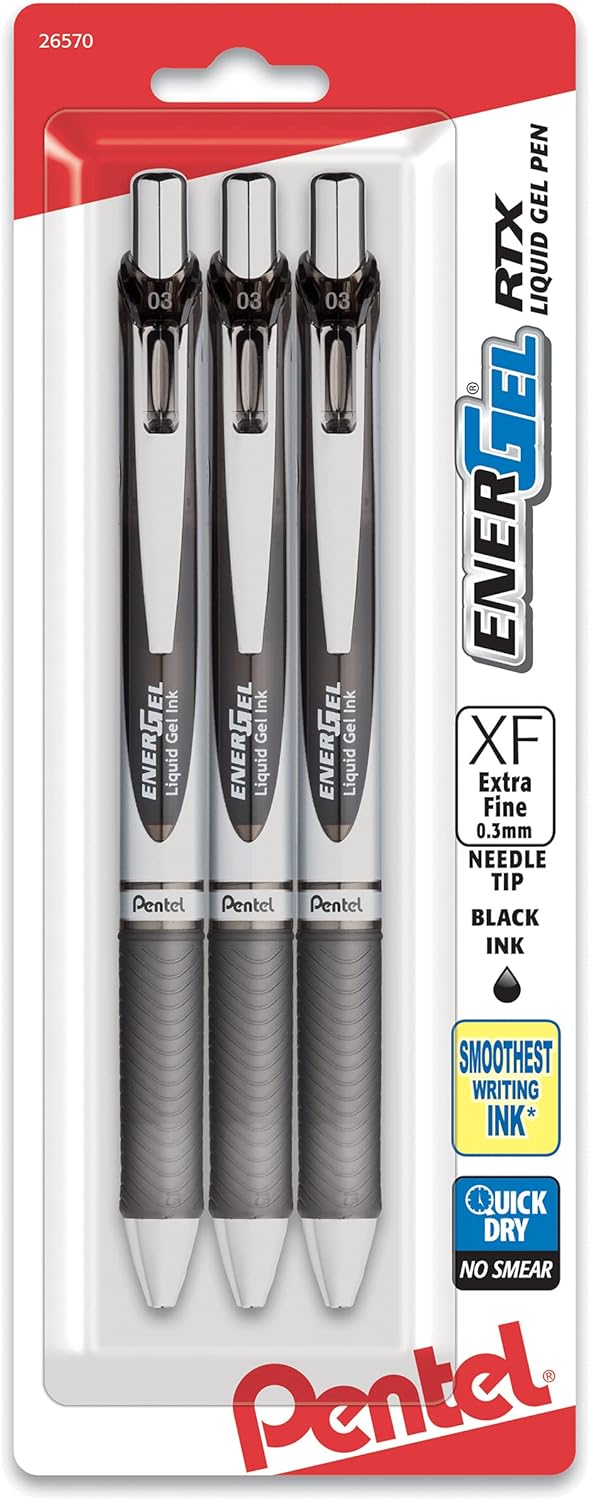 Pentel EnerGel RTX Retractable Liquid Gel Pen, (0.3mm), Extra Fine Line, Needle Tip, Black Ink, Pack of 3 (BLN73BP3A)