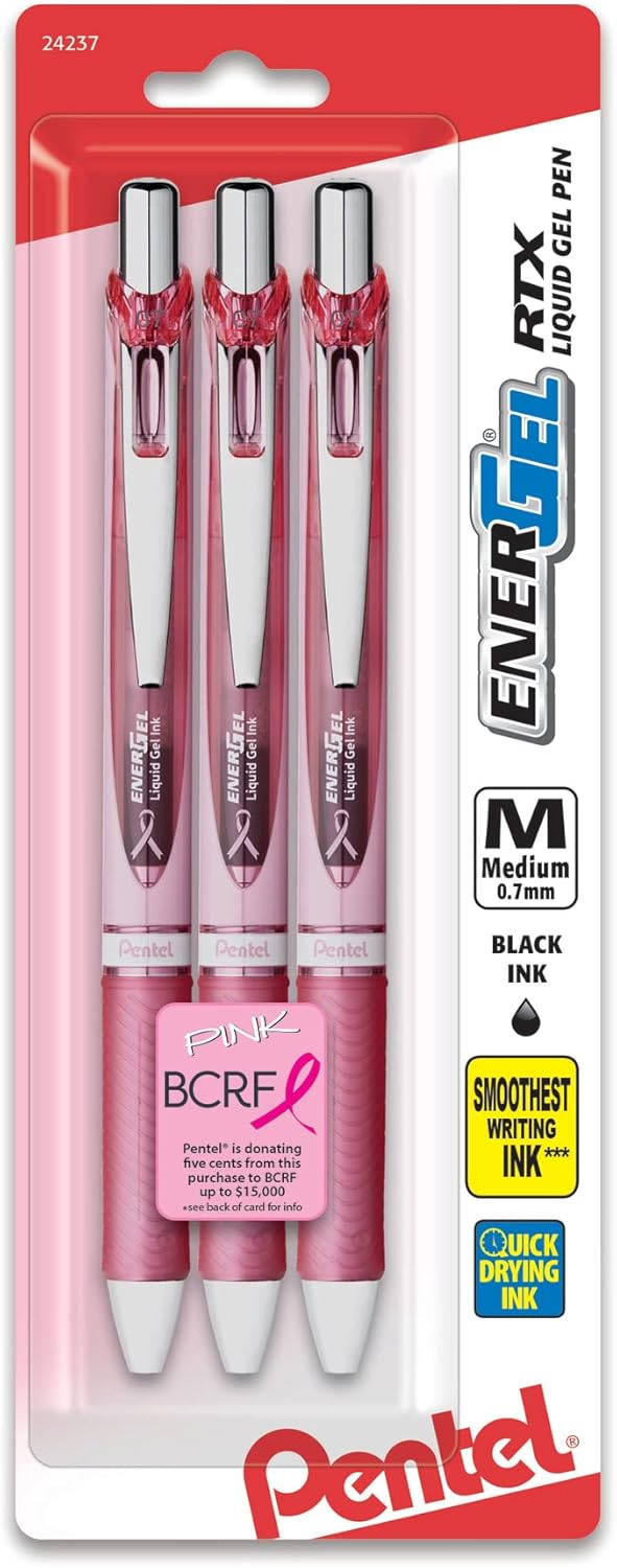 Pentel Pink BCA EnerGel Retractable Liquid Gel Pen, (0.7mm), Medium Line, Metal Tip, Pink Barrel, Black Ink, Pack of 3 (BL77PBP3A-BC)