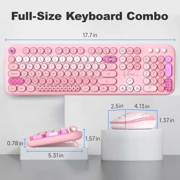 Wireless Keyboard and Mouse Combo, MOWUX Full Size Typewriter Retro Round Computer Keyboard, Cute Optical Mouse Wireless, Plug and Play, for Laptop, PC, Computer- Pink Heart
