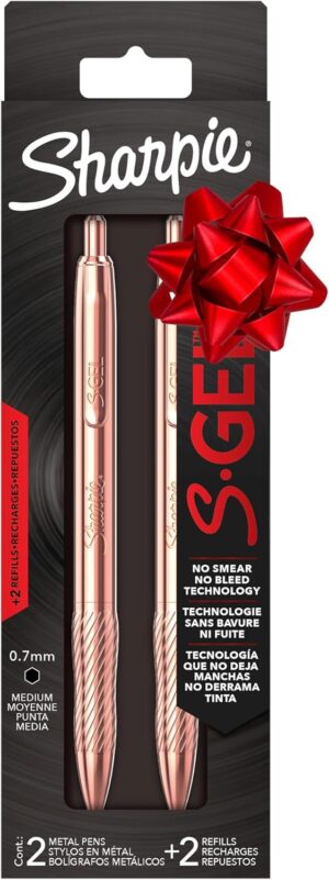 Sharpie S-Gel, Gel Pen, Copper Metal Body, Medium Point (0.7mm), Black Ink, Includes 2 Pens and 2 Additional Ink Refills