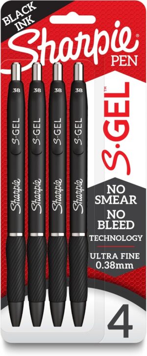 Sharpie S-Gel Gel Pens Ultra Fine Point (0.38mm) Black 4 Count