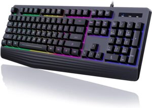 Gaming Keyboard, 7-Color Rainbow LED Backlit, 104 Keys Quiet Light Gaming Keyboard, 7-Color Rainbow LED Backlit, 104 Keys Quiet Light Up Keyboard, Wrist Rest, Whisper Silent, Anti-ghosting Multimedia Keys, Waterproof USB Wired Keyboard for PC Mac Xbox