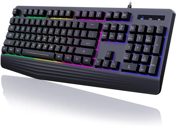 Gaming Keyboard, 7-Color Rainbow LED Backlit, 104 Keys Quiet Light Gaming Keyboard, 7-Color Rainbow LED Backlit, 104 Keys Quiet Light Up Keyboard, Wrist Rest, Whisper Silent, Anti-ghosting Multimedia Keys, Waterproof USB Wired Keyboard for PC Mac Xbox