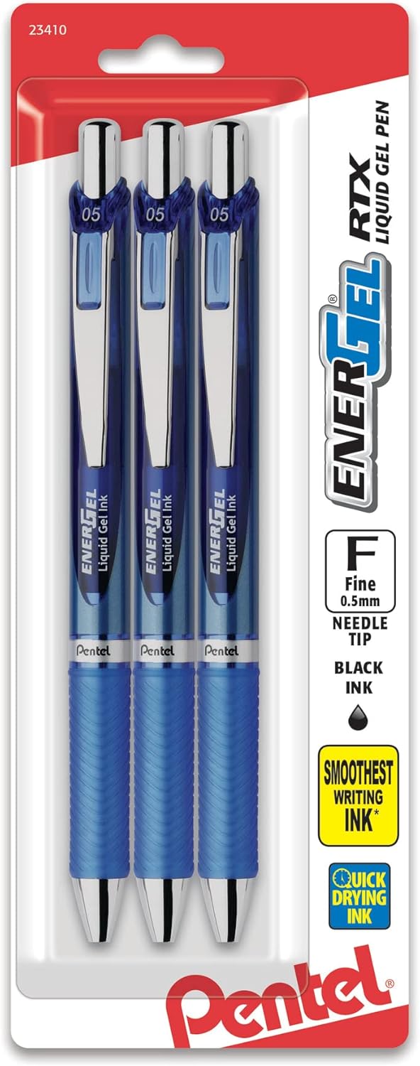 Pentel EnerGel RTX Retractable Liquid Gel Pen, (0.5mm), Fine Line, Needle Tip, Blue Ink, Pack of 3 (BLN75BP3C)