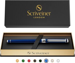 Scriveiner Midnight Blue Rollerball Pen - Stunning Blue Lacquer Luxury Scriveiner Midnight Blue Rollerball Pen - Stunning Blue Lacquer Luxury Pen, Chrome Finish, Schmidt Ink Refills, Men & Women, Professional, Executive Office, Nice Pen